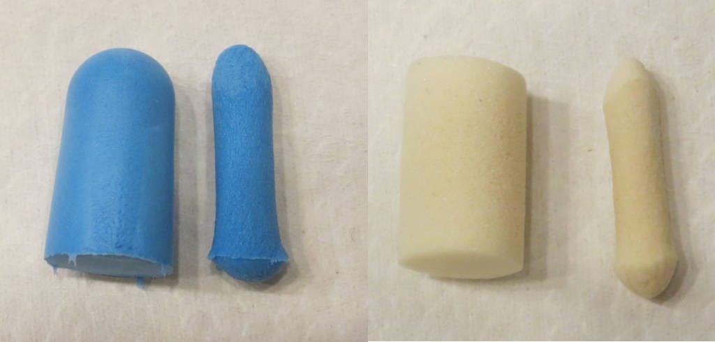 tapered and cylindrical foam earplugs rolled down